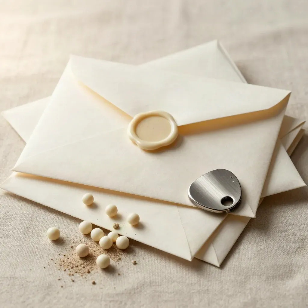 Cream envelopes, wax pellets, and a metal letter opener on linen in a close overhead still life.