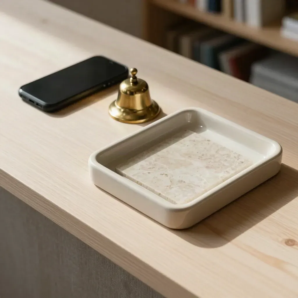 Top-down still-life with a phone, brass bell, inbox tray and stone tile on pale wood.