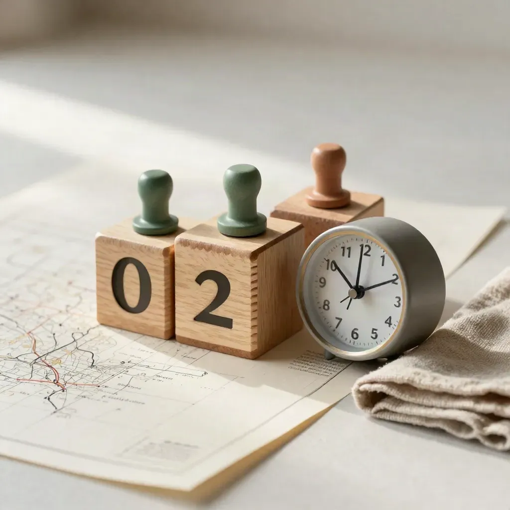 Wooden calendar blocks, three pegs, and a timer beside a linen runner on plaster.