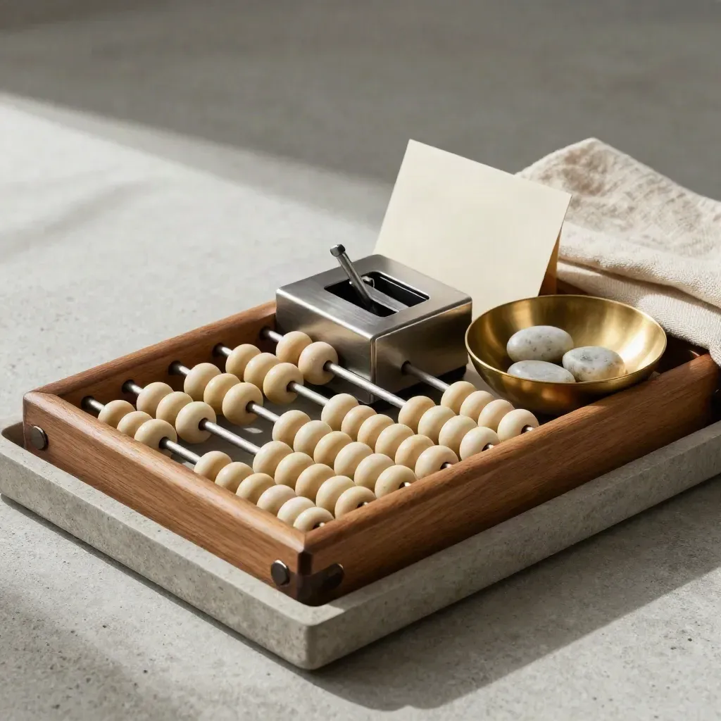Abacus, tally counter, stone markers, and brass bowl on a stone tray in soft daylight.