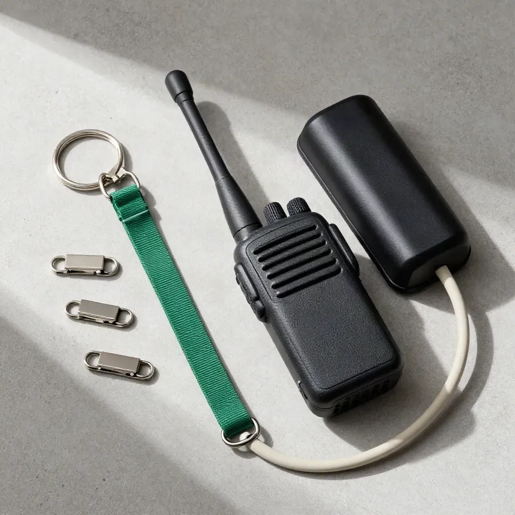 Overhead flatlay of a walkie-talkie, dock, key ring, and clips on pale concrete