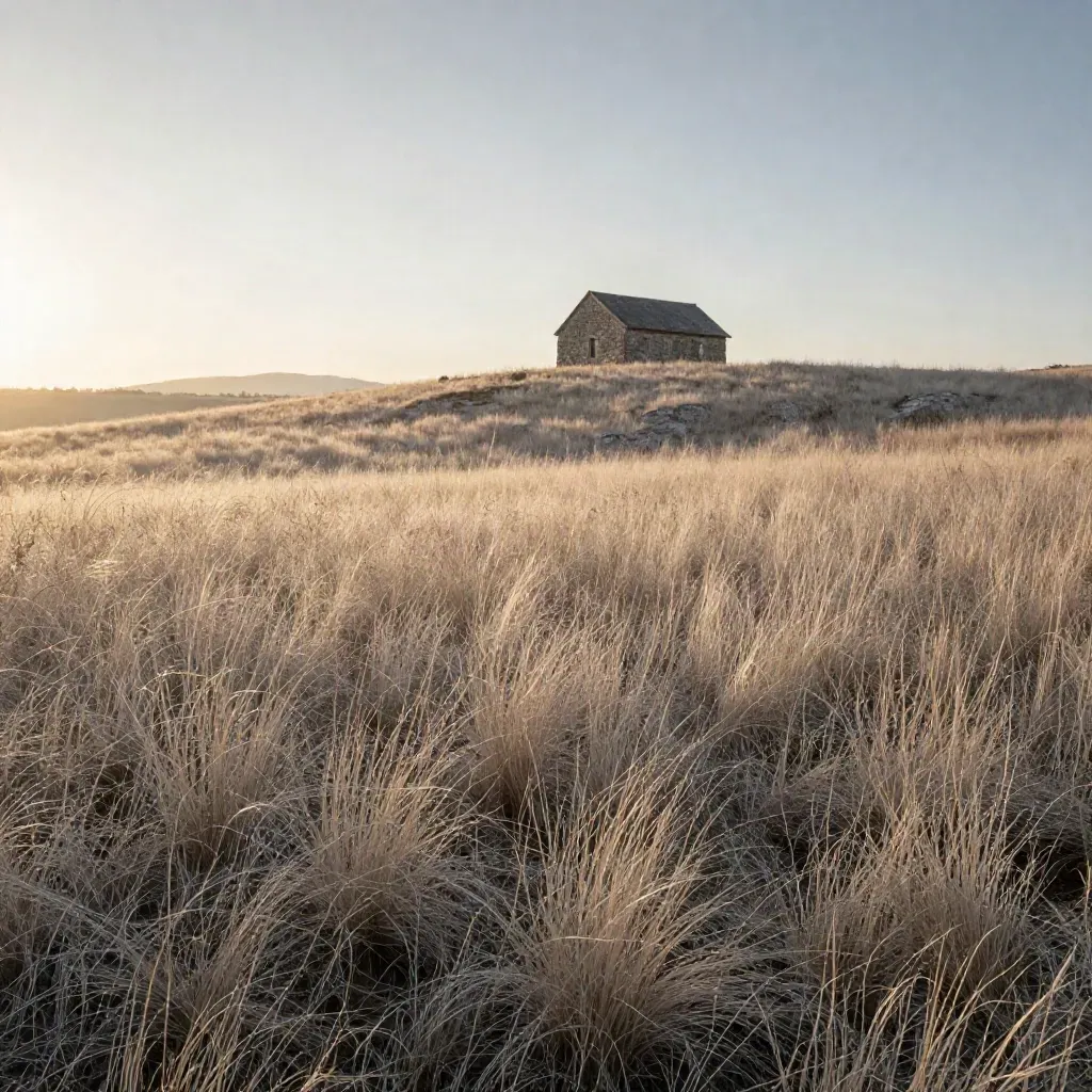 Williamson County cedar prairie, distant stone church roofline, and hazy meadow at sunset.