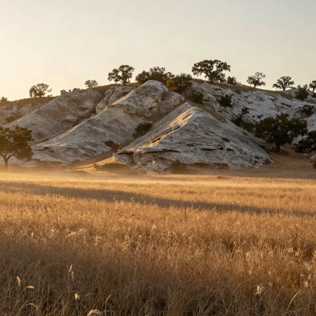 Sunlit Travis County hills and live oaks over open pasture at golden hour.