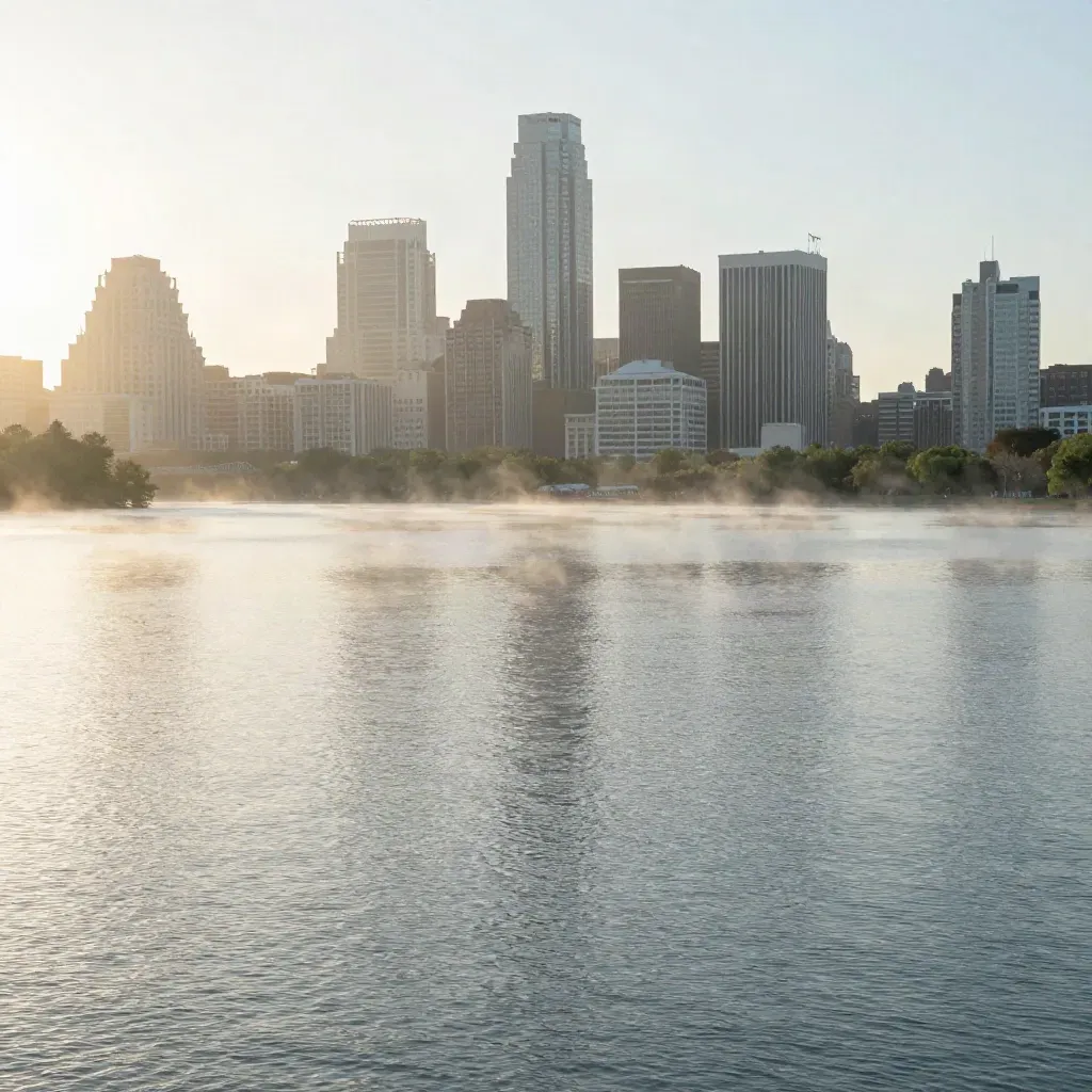 Austin skyline at dawn above Lady Bird Lake, calm water and haze filling the frame