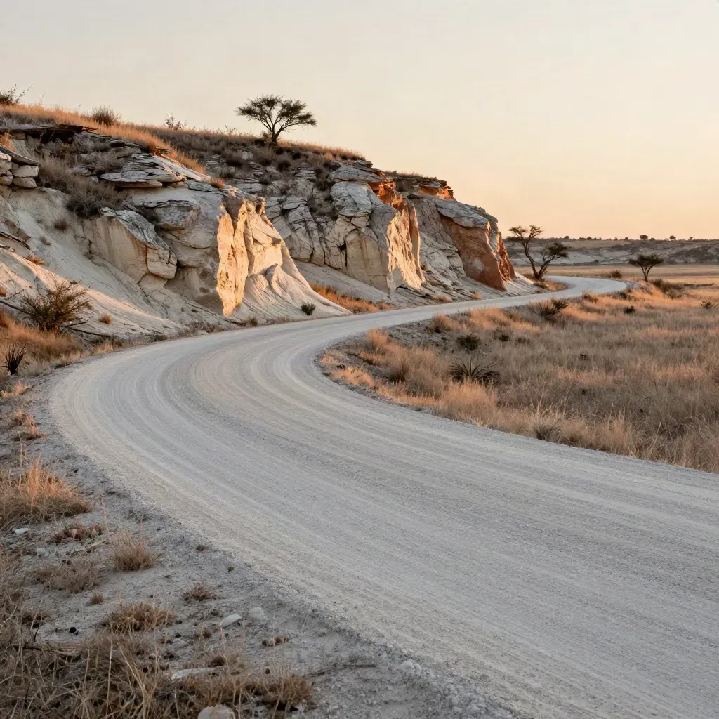 Caliche road by limestone cut and mesquite in warm Central Texas light.