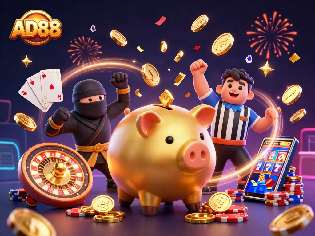 AD88 features a vibrant 3D cartoon scene showcasing a golden piggy bank sumo wrestler and thrilling casino action.