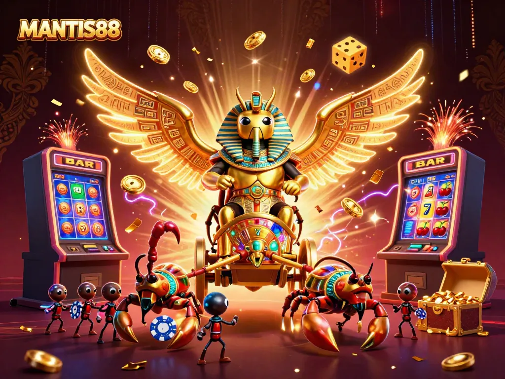 MANTIS88 platform showcasing a vibrant casino scene with colorful jackpots and dynamic game elements.