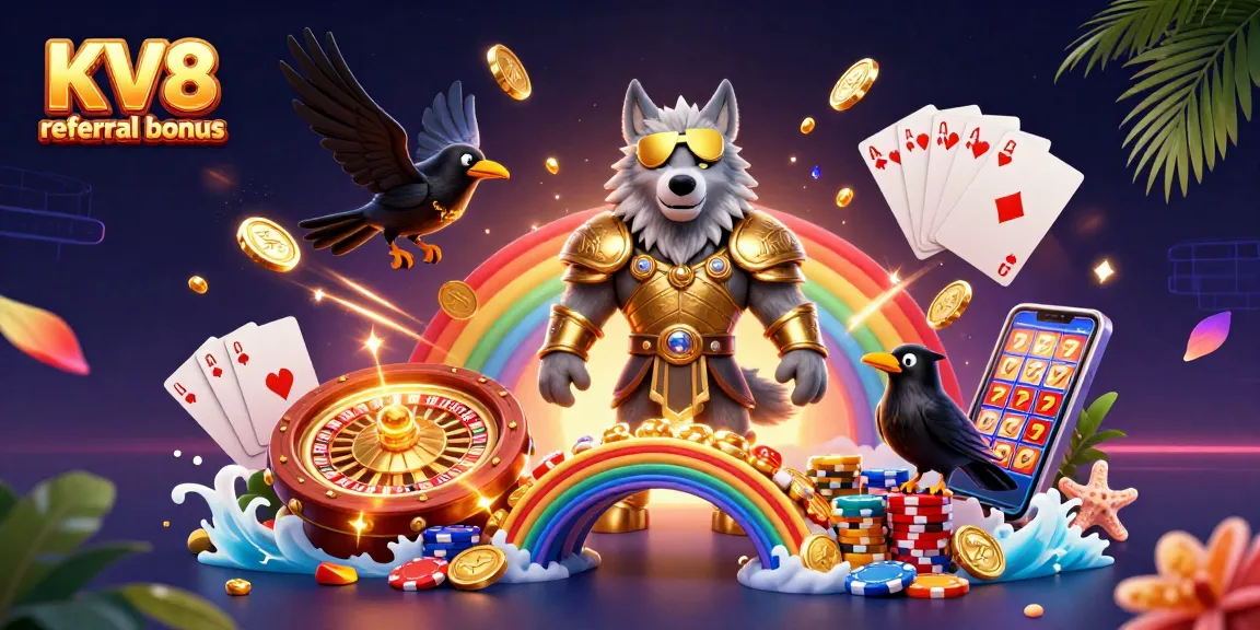 Spin to win with KV8 referral bonus as Odin and ravens celebrate in a vivid casino scene.