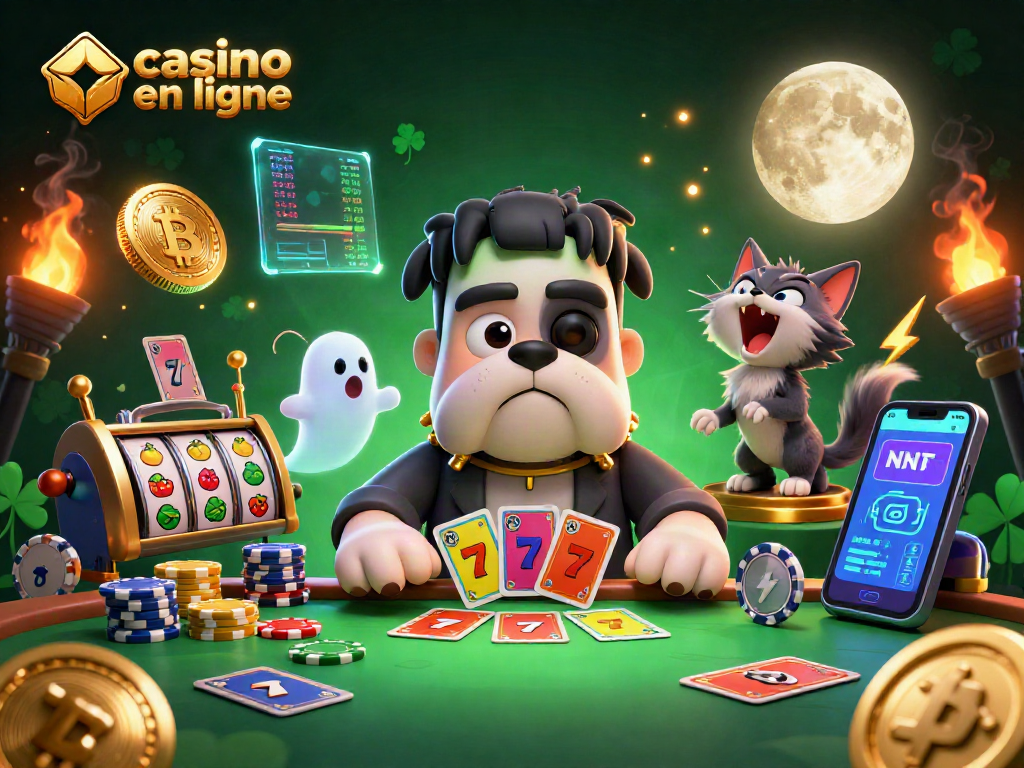 Frankenstein bulldog et un chat loup au casino en ligne animant une partie de cartes.