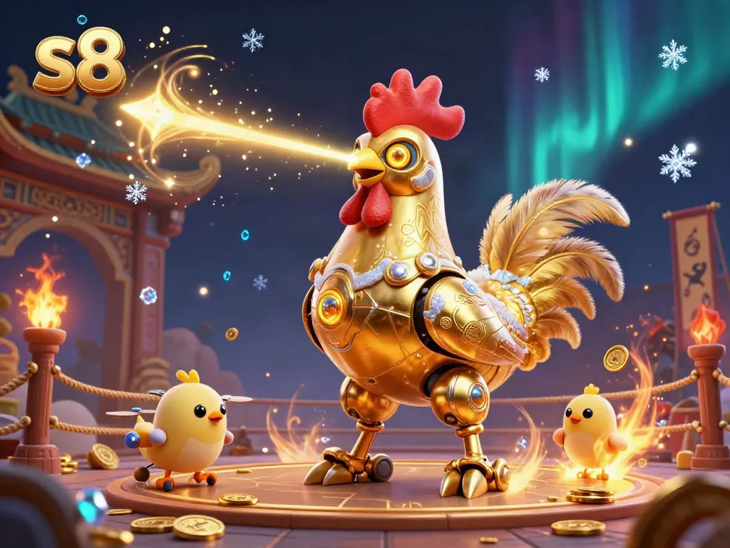 Engage with the vibrant world of s8 gaming featuring a golden rooster robot in a dynamic casino setting.