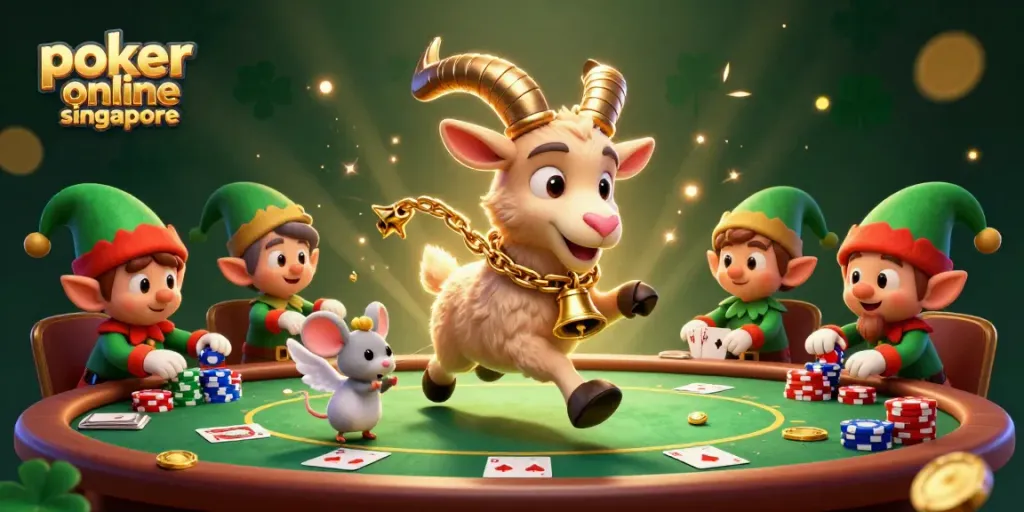 Experience poker online Singapore with a festive scene featuring Krampus, angel mouse, and elf gremlins in a dynamic casino.