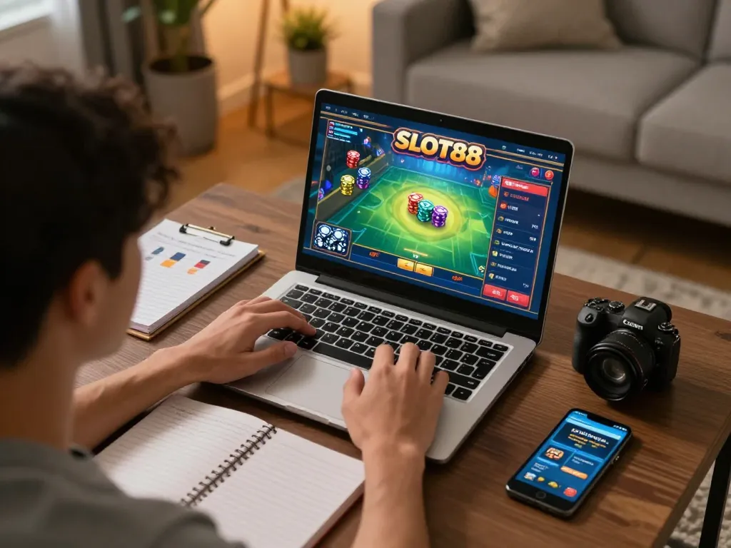 SLOT88 online gaming session with vibrant game interface, strategic notes, and cozy atmosphere.