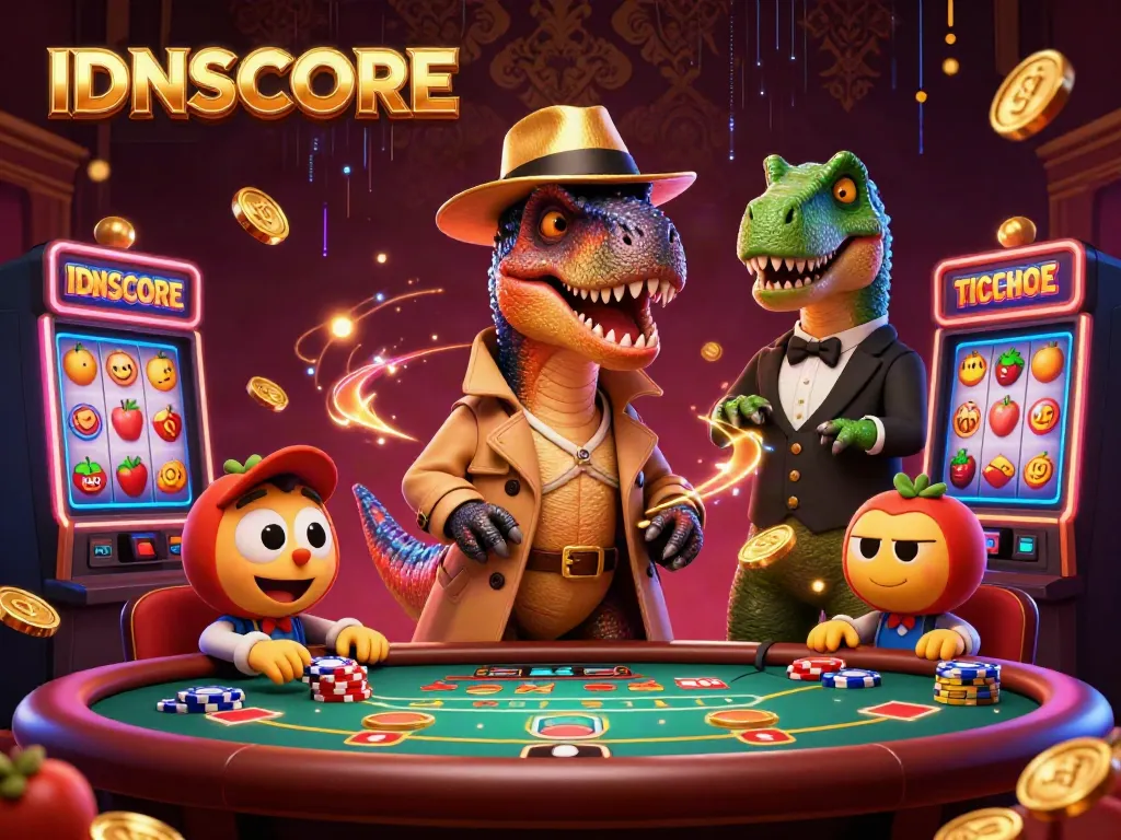 Engaging IDNSCORE casino illustration with characters at a blackjack table and vibrant slot game elements.