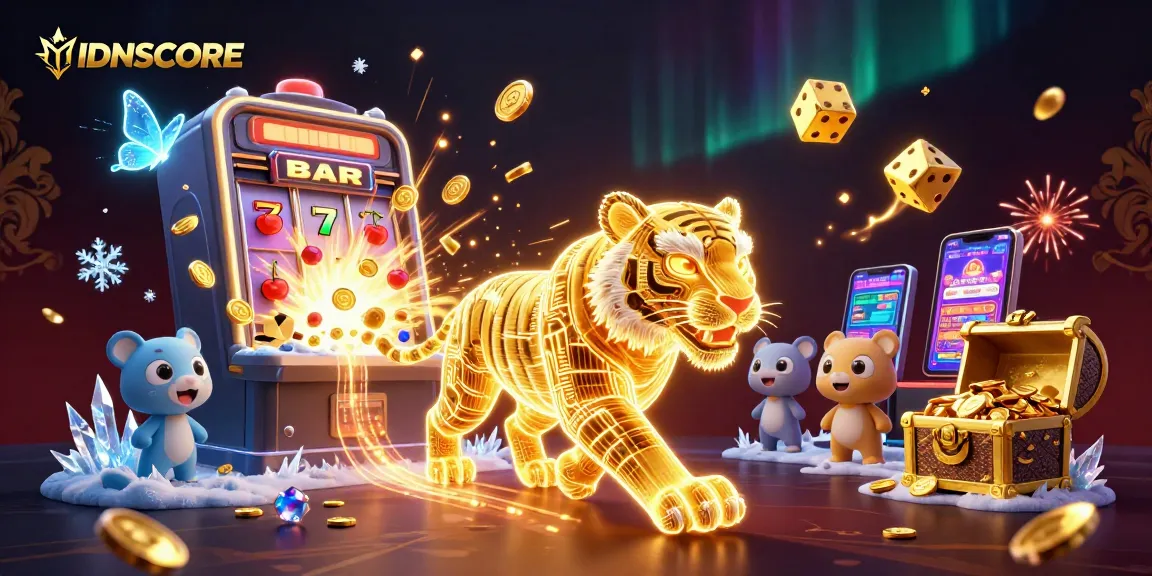 IDNSCORE captures the gaming thrill with a vibrant casino scene featuring a golden tiger.