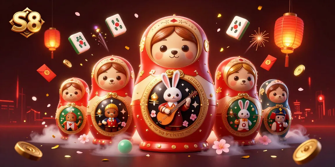Experience thrilling casino action with S8 in a vibrant illustration of lucky symbols and characters.
