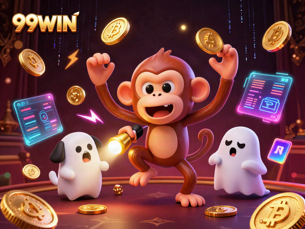 Experience excitement with 99WIN in a thrilling haunted casino scene featuring playful ghosts.