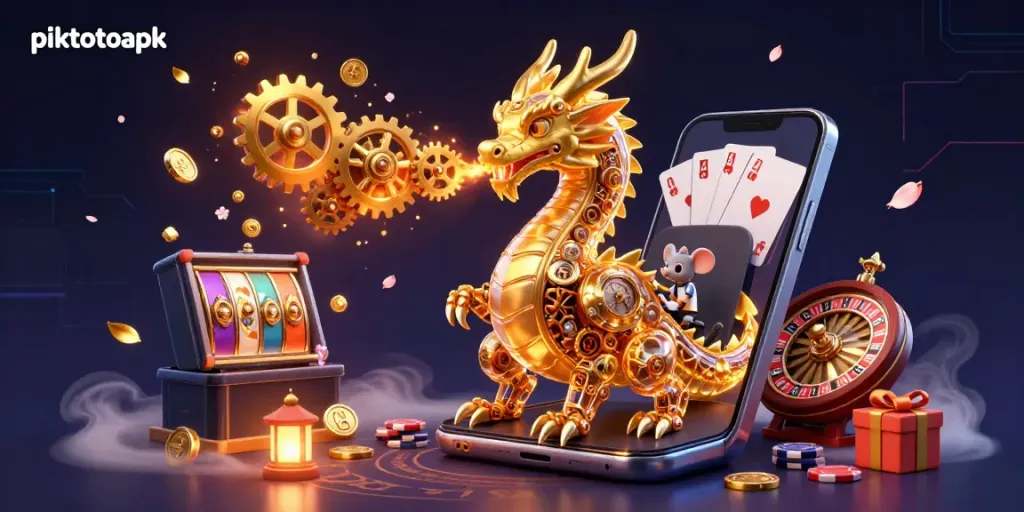 Engage with piktotoapk as the golden dragon breathes gears, enhancing the thrill of the slot game.