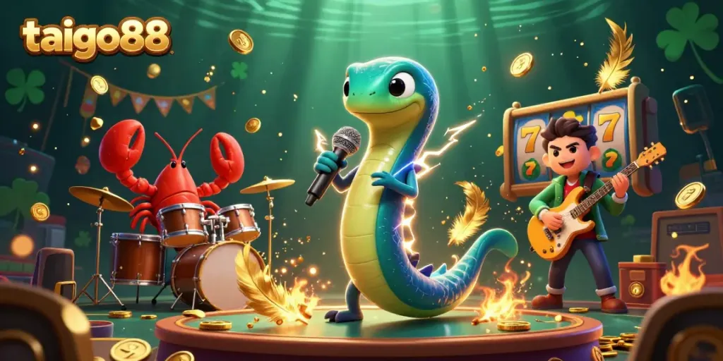 Experience taigo88 in an exhilarating underwater casino with electric eel DJ and vibrant game elements.