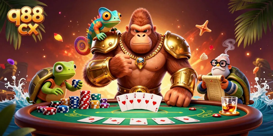 Engage in thrilling gameplay with q88 cx featuring gorilla king and wise tortoise at a poker table.