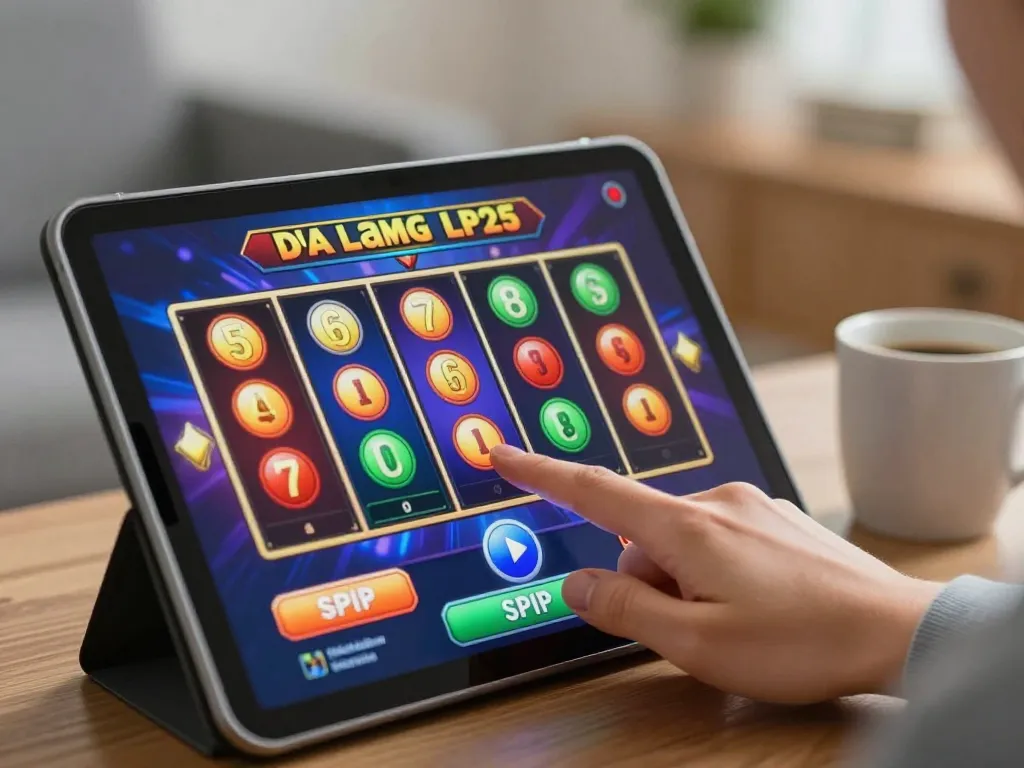Playing a Slot Resmi game on a tablet, spinning colorful reels with excitement in a cozy living space.