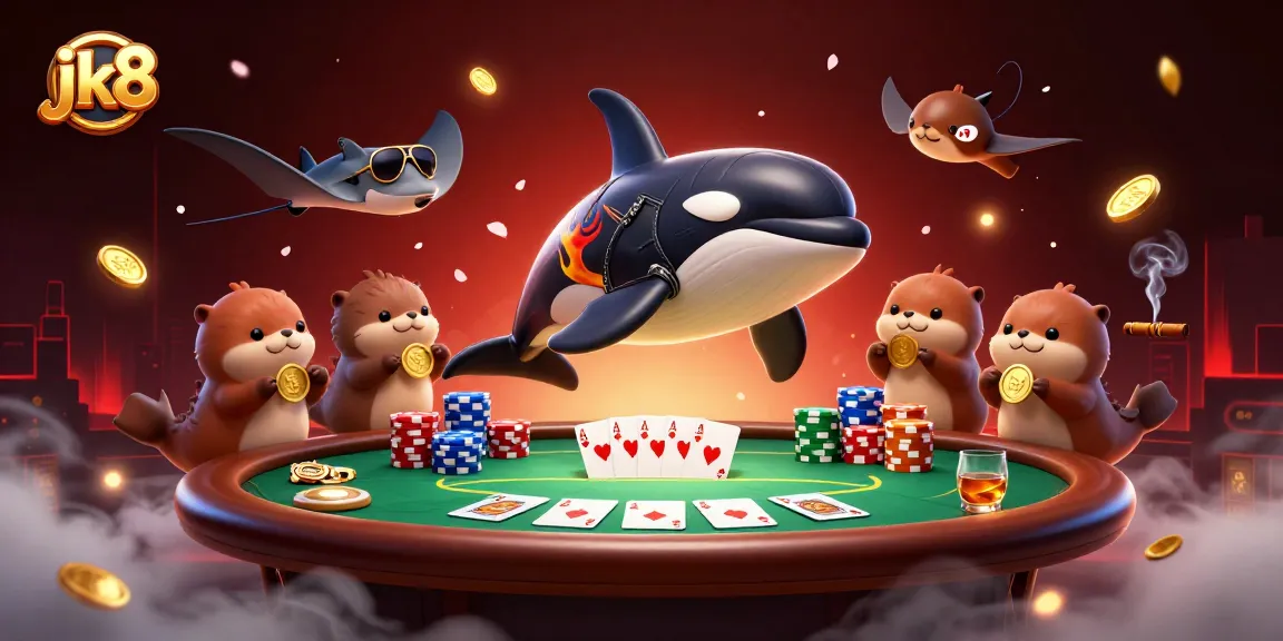 Engage with jk8 action featuring a vibrant casino scene of an orca and otters sharing golden coins.