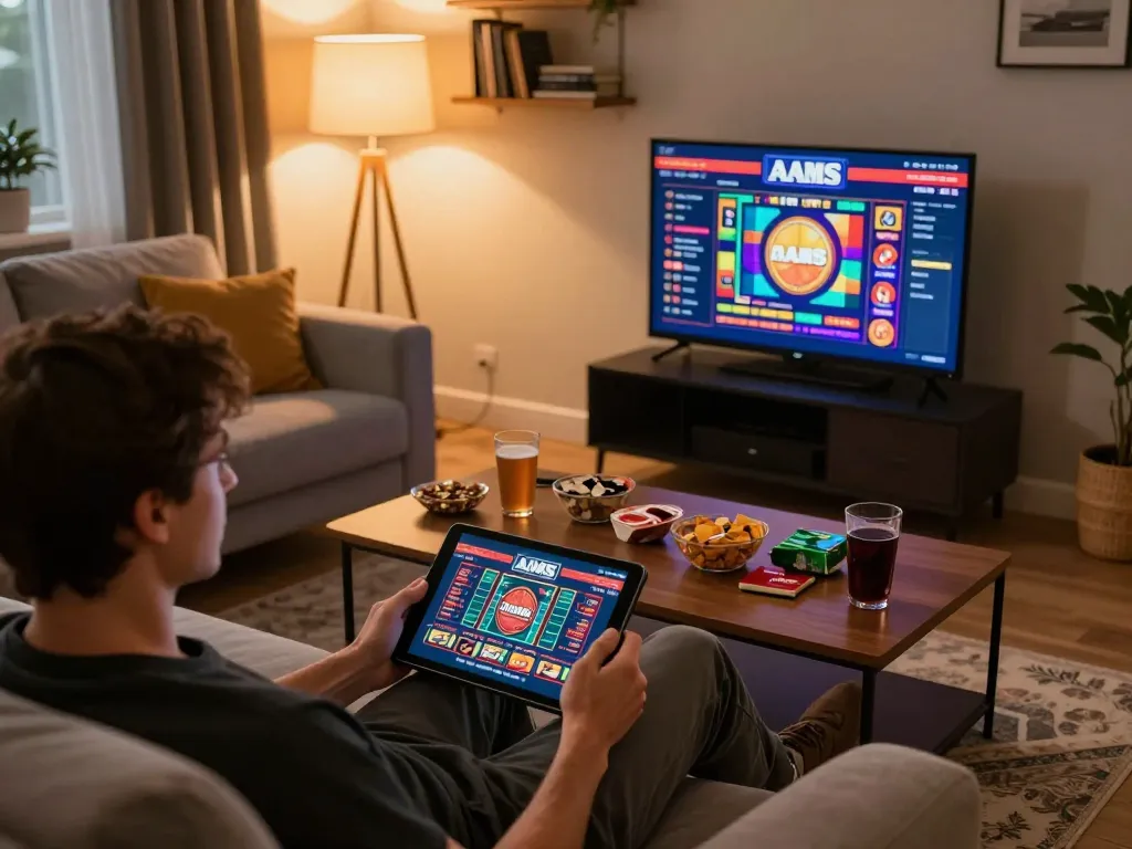 Interagire con un bookmaker non AAMS su un tablet in un accogliente setup di gioco domestico, che mette in mostra il gioco d'azzardo online.