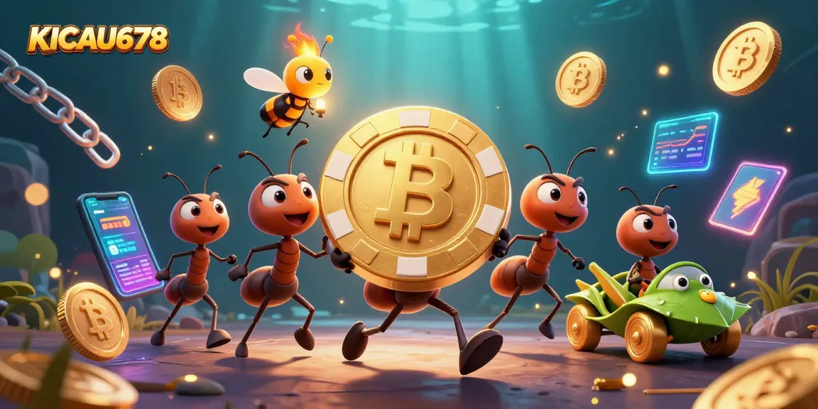 KICAU678 brings excitement to online gambling with a heist scene featuring cartoon ants and crypto coins