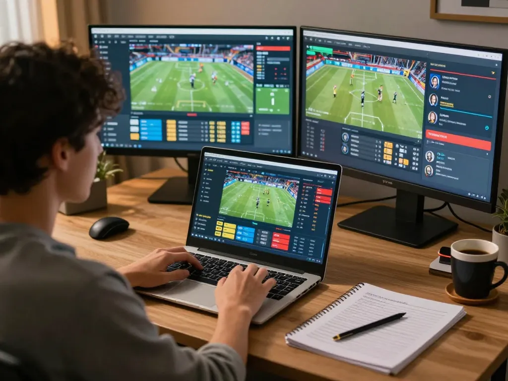 Person engaging in online sports betting with fabet interface on laptop, showcasing strategic gameplay and ambient workspace.