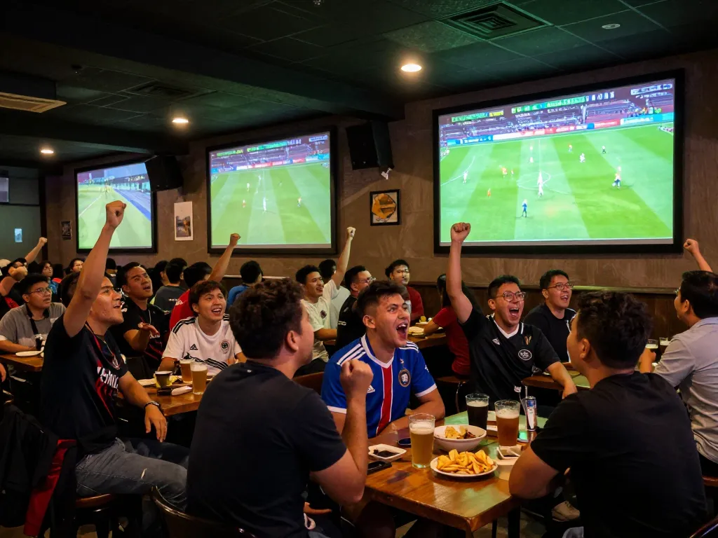Soccer fans eagerly placing bets while watching a live match in a vibrant sports bar setting.