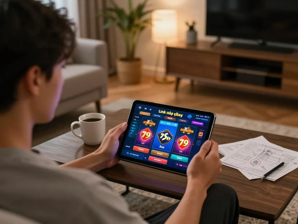 Engage in online gaming with the Link vào chơi 79king interface in a cozy home setting, showcasing tablet action.