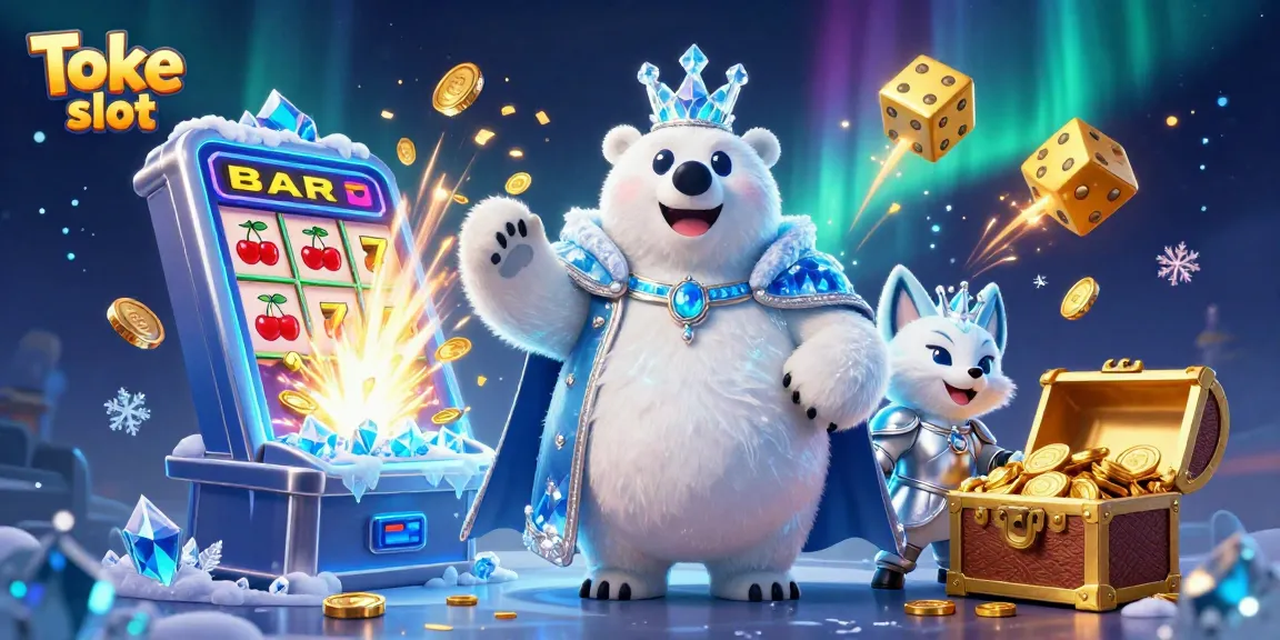 Engage with Toke slot as the animated ice king and snow fox celebrate over a jackpot explosion.