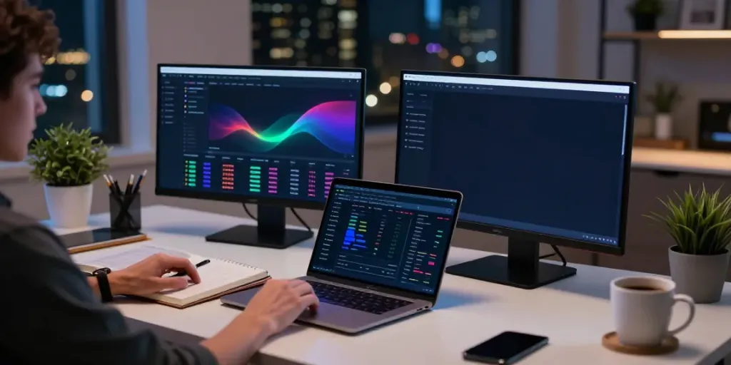 durov2 night crypto trading workspace with real-time charts and tech gadgets