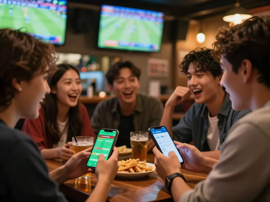 Friends enjoying sports betting with the keobongda app at a lively venue while discussing strategies