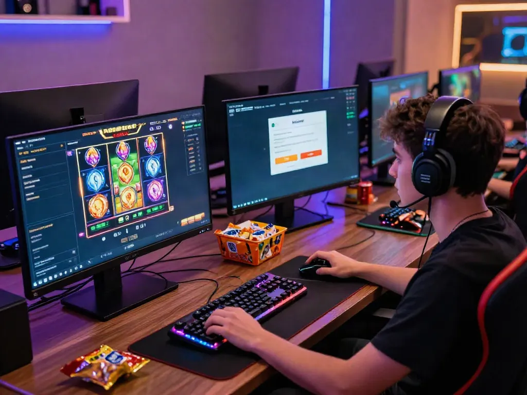 Engaged player enjoying Mastercard casinos, showcasing vibrant gaming setup