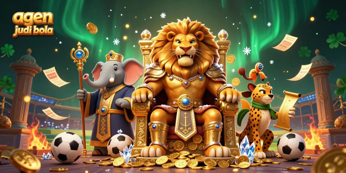 Engage with sports betting at agen judi bola featuring a regal lion king and dynamic elements.
