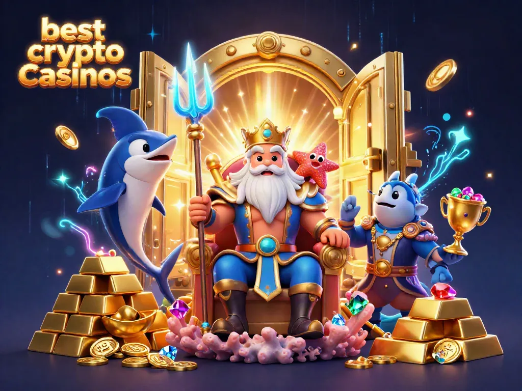 Experience the excitement of the best crypto casinos with Neptune and treasure in this vibrant scene.