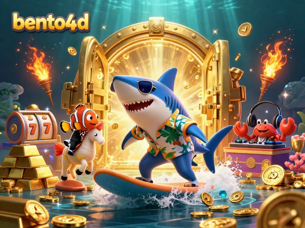 Bento4d shines with a vibrant scene depicting a shark surfing on gold coins, surrounded by gambling elements like slot reels.
