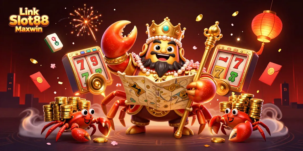 Win big with Link Slot88 Maxwin in this vibrant 3D illustration featuring lucky symbols and a golden crab emperor.