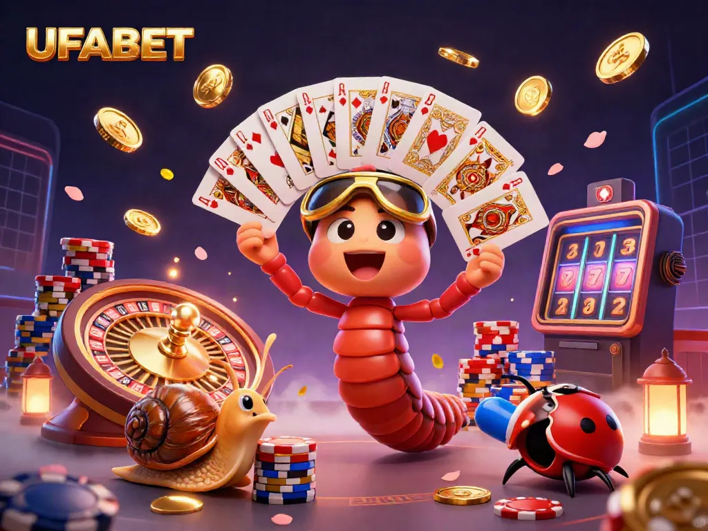 Experience thrilling gameplay at UFABET with a millipede dealer and high-roller snail in a dynamic casino scene.