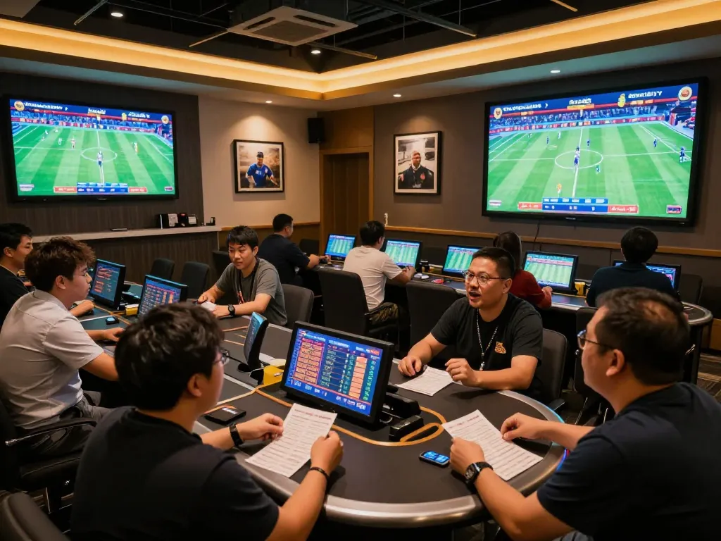 Bongdallu enthusiasts engaging in sports betting, analyzing live odds on multiple screens, celebrating wins in a lively atmosphere