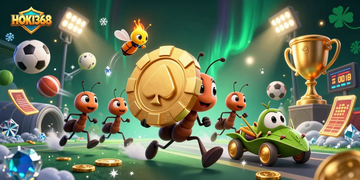 HOKI368 showcases online gambling excitement with ants on a heist carrying a giant poker chip.