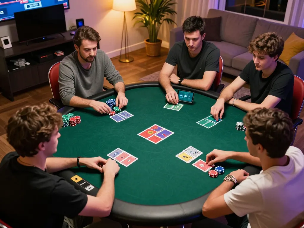 Players engaged in strategic online poker gaming on tr88 platform, showcasing home comfort and competition
