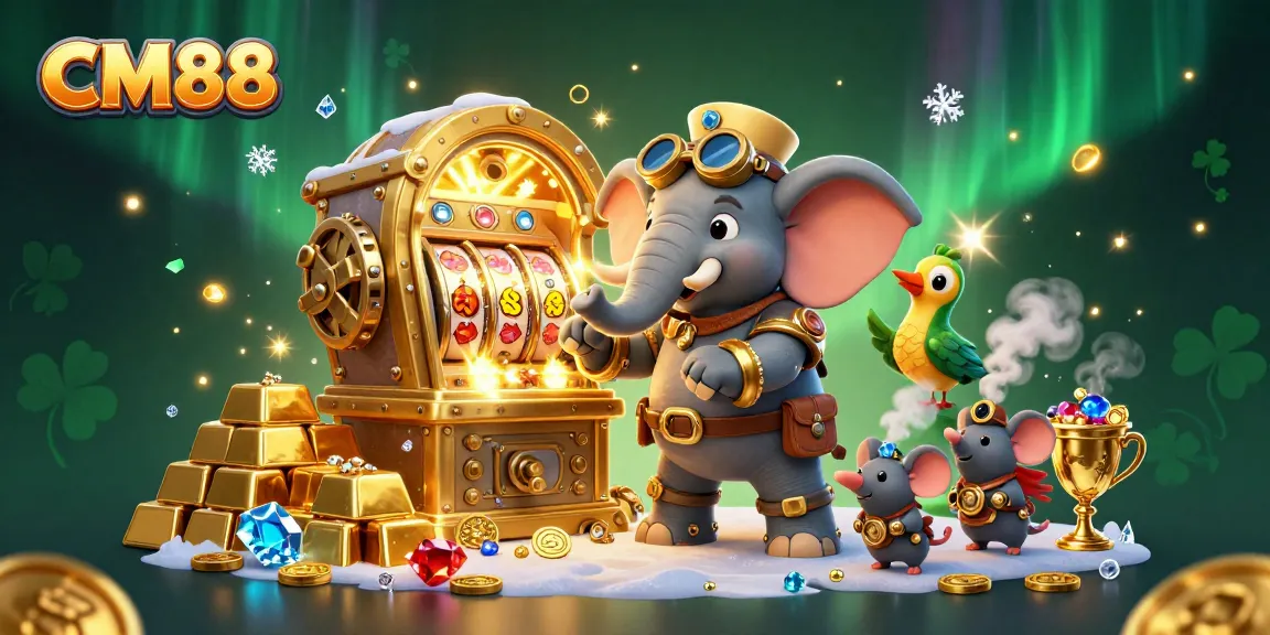 Spin to win at CM88 with a steampunk elephant and treasures bursting from a vault in this vibrant casino scene.