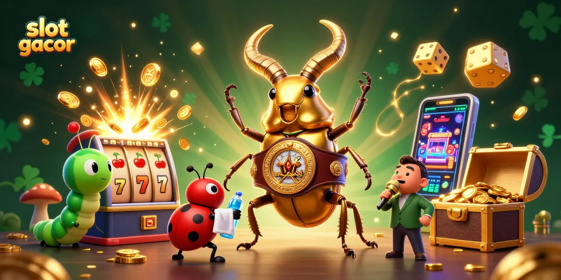 Experience the excitement of slot gacor with a dynamic 3D casino scene featuring a boxing beetle, lucky symbols, and rich golden effects.