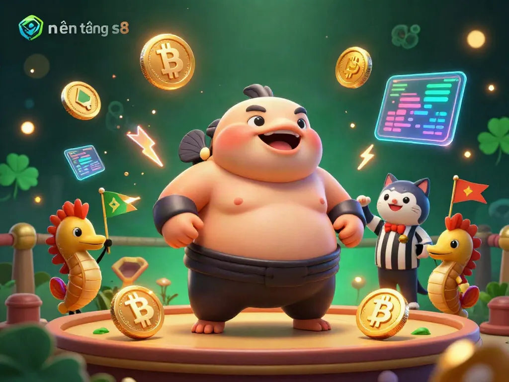 Experience the vibrant underwater casino scene at nền tảng s8 with a giant fugu in a sumo belt and crypto elements.