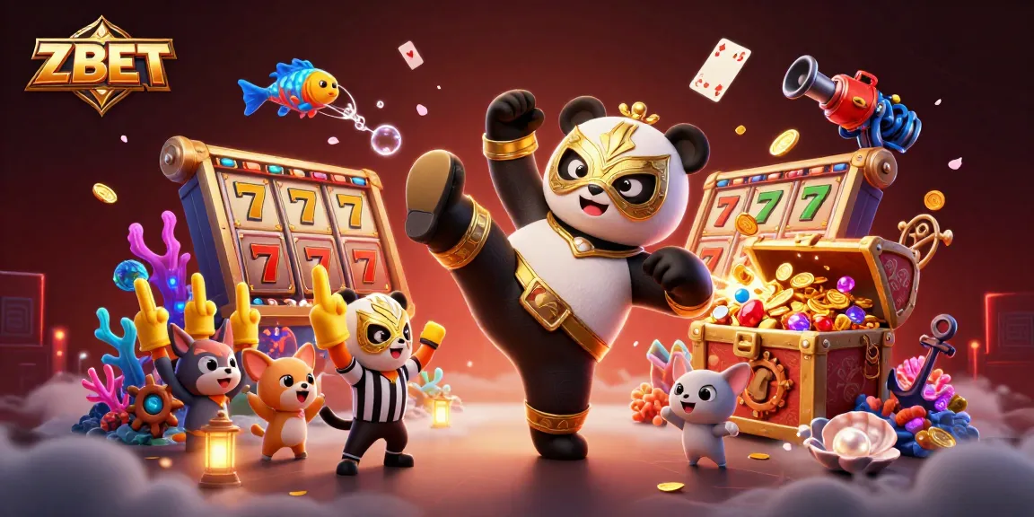ZBET harnesses exciting slot action with panda wrestler and vibrant casino elements in a lively scene.