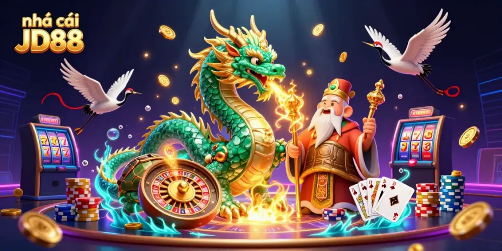 Experience excitement with nhà cái JD88 in a vibrant 3D casino scene featuring a jade dragon and lucky cranes.