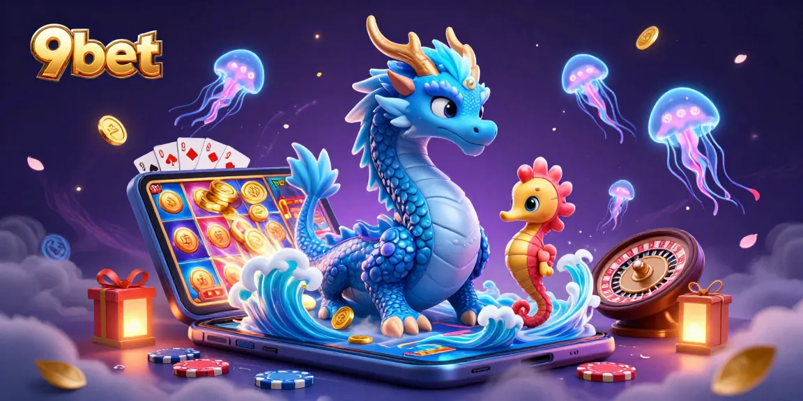 Experience the excitement of 9bet with a vibrant scene featuring a dragon and jellyfish amidst casino elements.