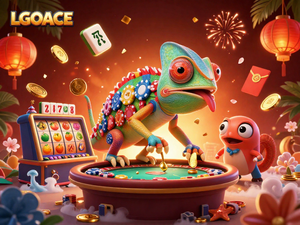LGOACE showcases a vibrant casino scene with a chameleon owner amidst stunning elements symbolizing luck and excitement.