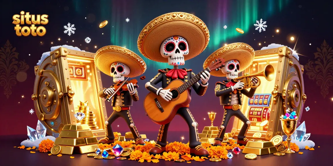 Situs toto highlights a vibrant mariachi band amidst a treasure-filled casino scene, filled with rich colors and charm.